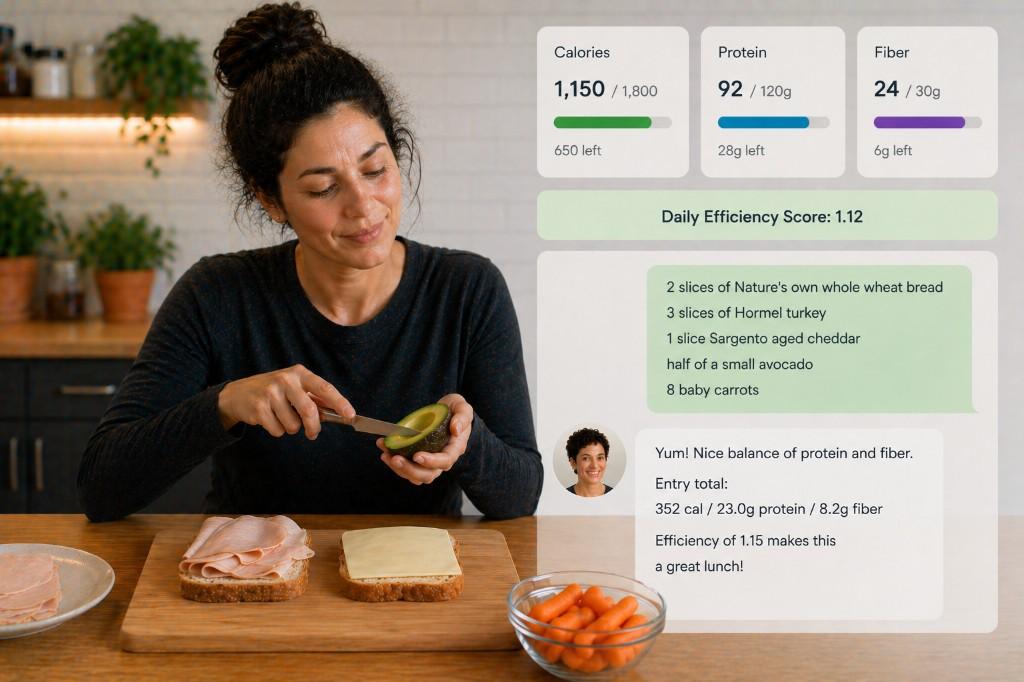 Woman preparing lunch in the kitchen with FuelLog showing calories, macros, daily efficiency score, and a chat with Mel