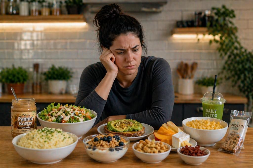 Person at a kitchen table looking thoughtfully at many different foods