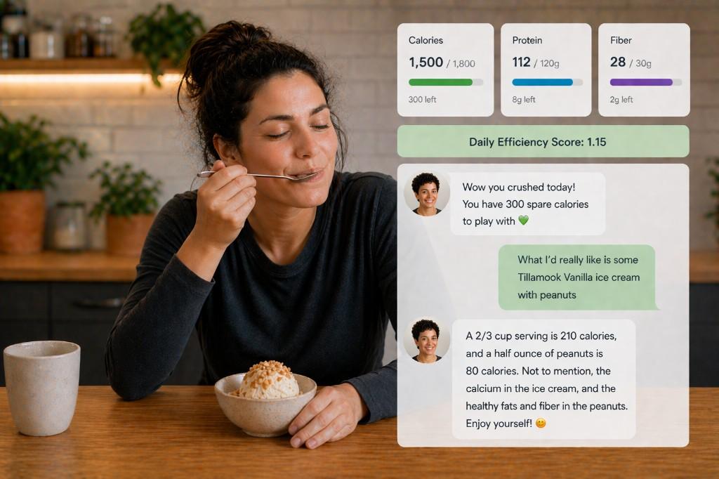 Person enjoying dessert with FuelLog progress and chat from Mel on screen